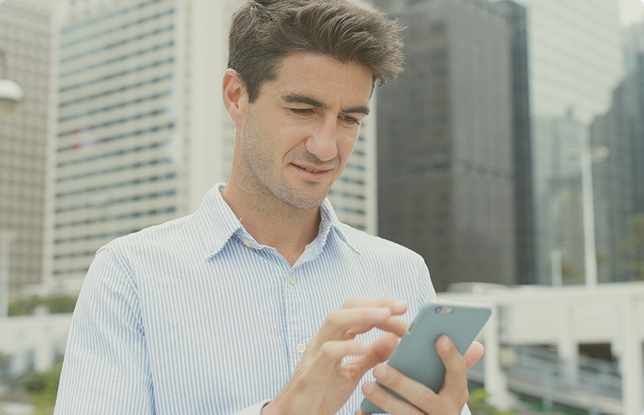 Men checking delivery messages from phone answering company on his smartphone