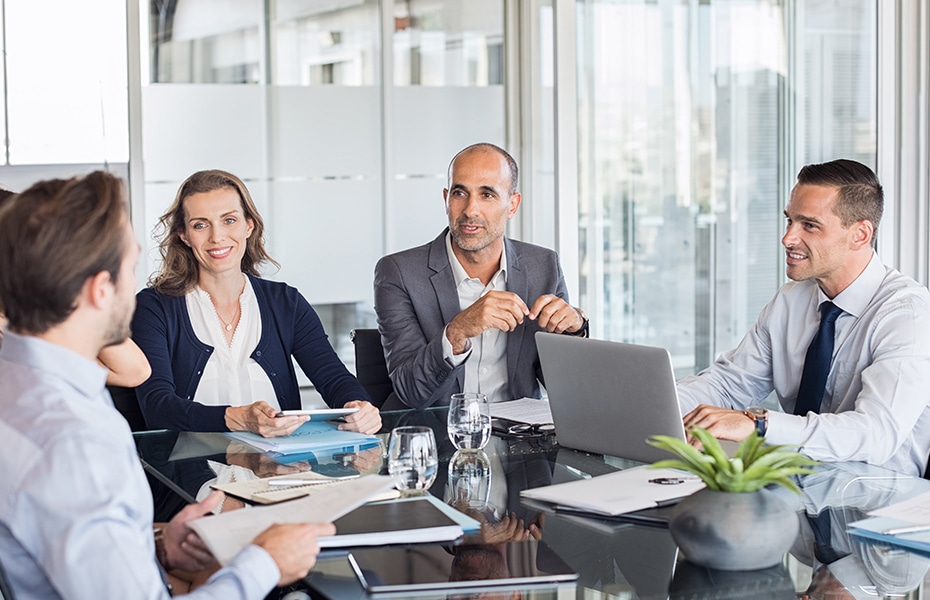 Corporate people are discussing in the office